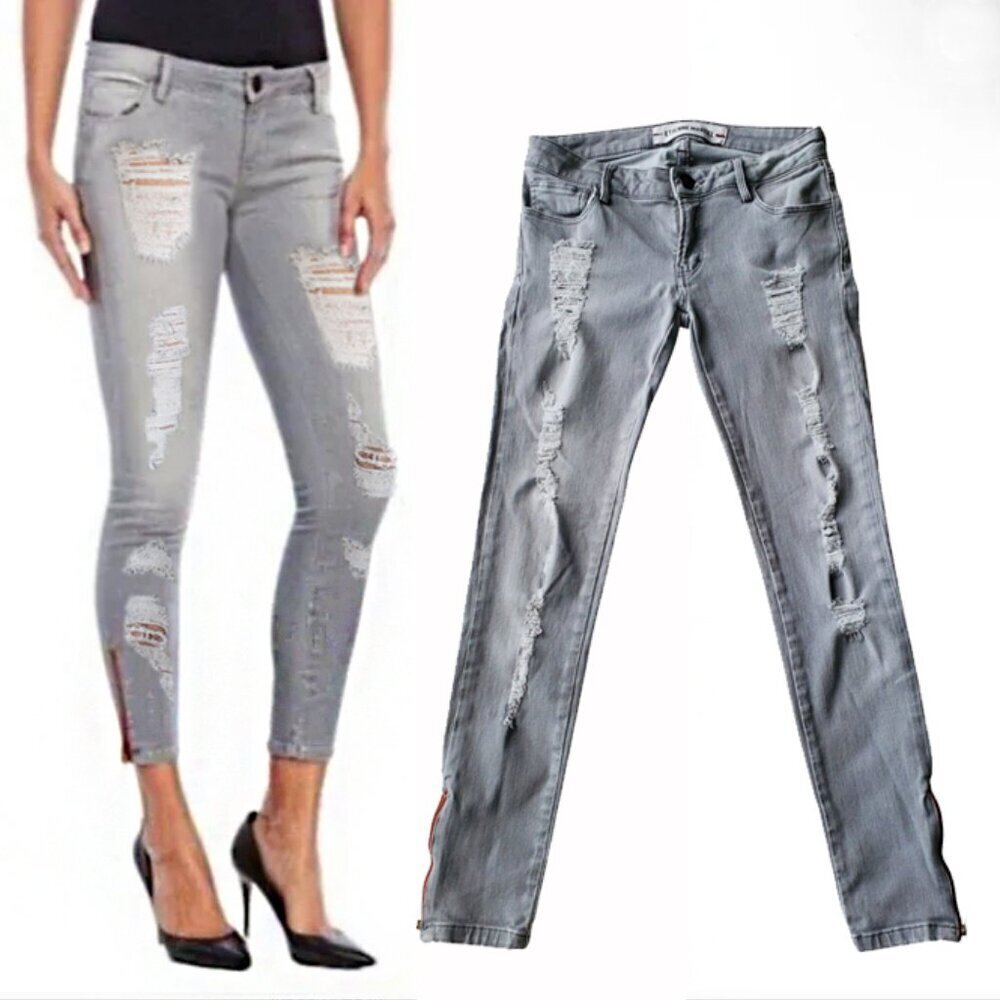 Etienne Marcel Skinny Jeans Grey Distressed Zed Side Zippers Size 26